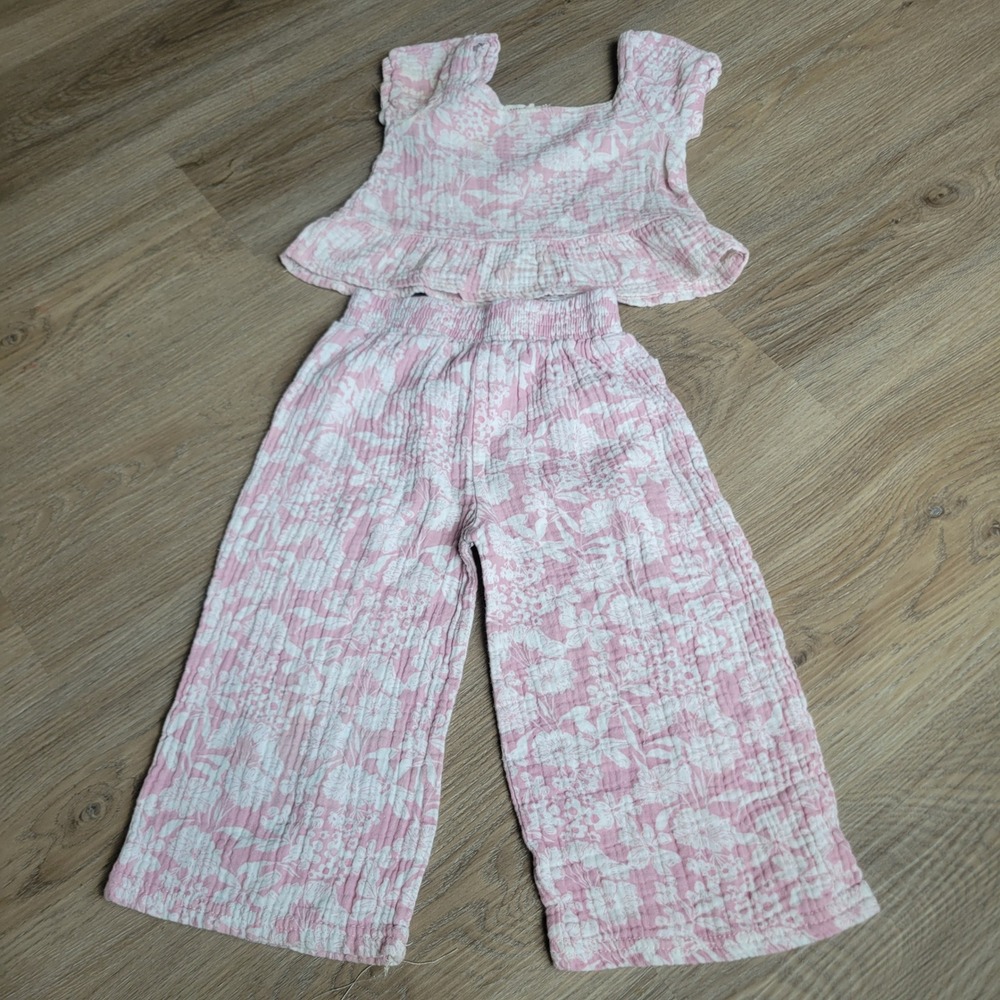 Rabbit + Bear Girls 2pc Set 3T Pink Floral Organic Cotton Gauze Boho Peplum